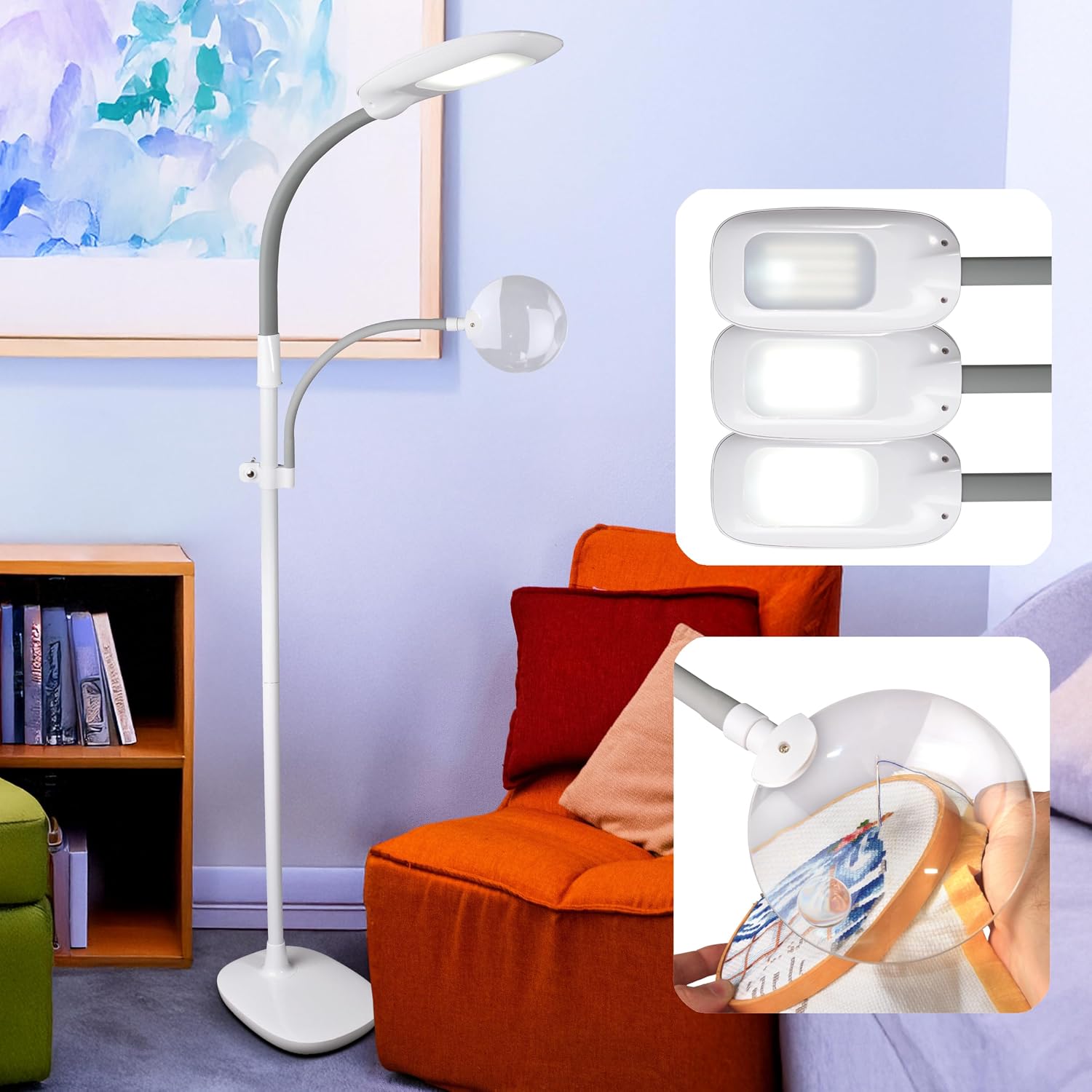 OttLite LED Floor Lamp with Optical Grade Magnifier - ClearSun LED Technology - 3 Brightness Settings, Adjustable Arm & Touch Sensitive Controls - Great for Sewing Table, Crafting, Home & Office