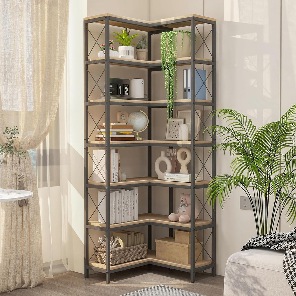 7 Tier Corner Bookshelf with LED Lights, 78.7' High Corner Shelf Storage for Living Room, Study Room, Metal Frame Extra Large Capacity, Flamed Color