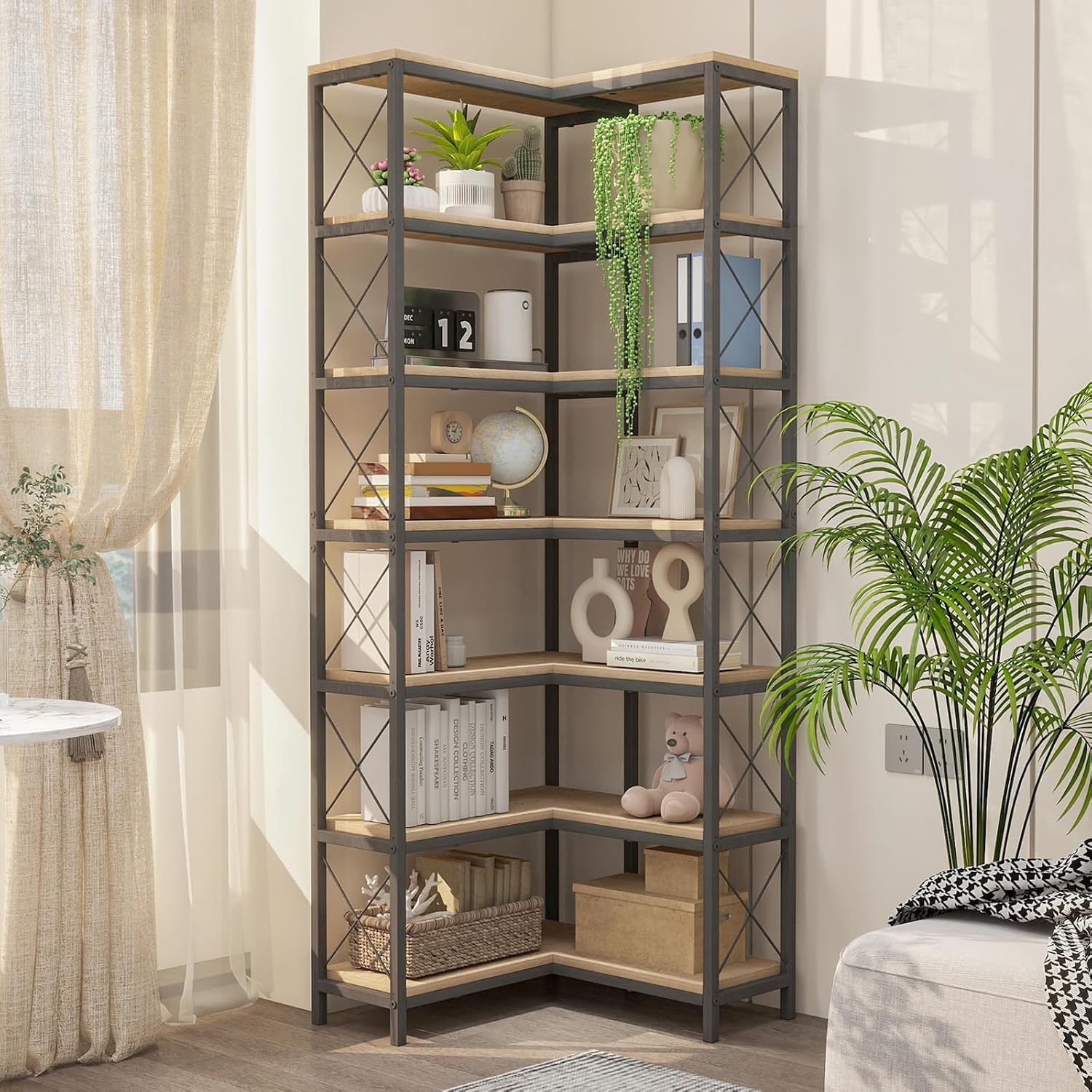 7 Tier Corner Bookshelf with LED Lights, 78.7' High Corner Shelf Storage for Living Room, Study Room, Metal Frame Extra Large Capacity, Flamed Color