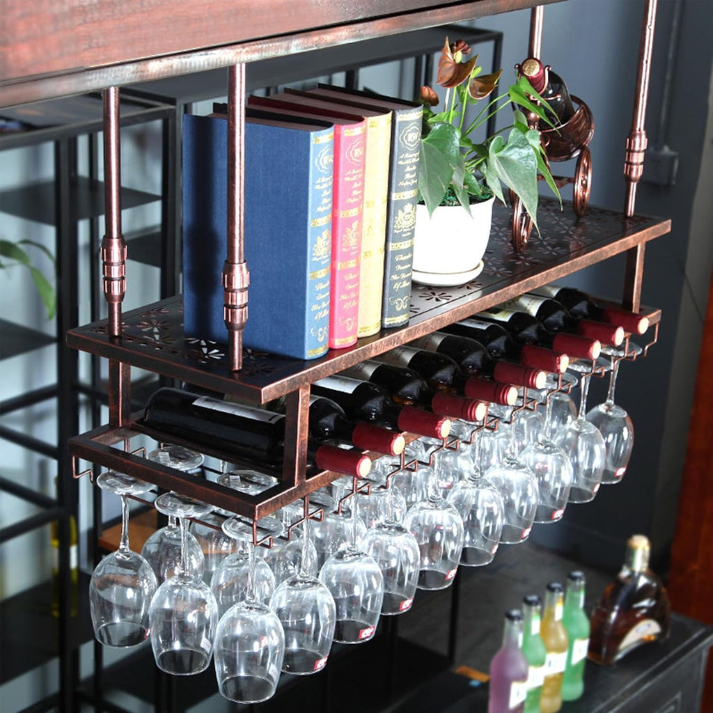 Hanging Metal Wine Rack Bar Shelves Liquor Bottle Display Shelf Wall Mounted with Wine Glass Storage Holder Rack for Liquor Bottles Floating Bar Kitchen Shelves for Home Bar Dining Room(Copper,80cm(31