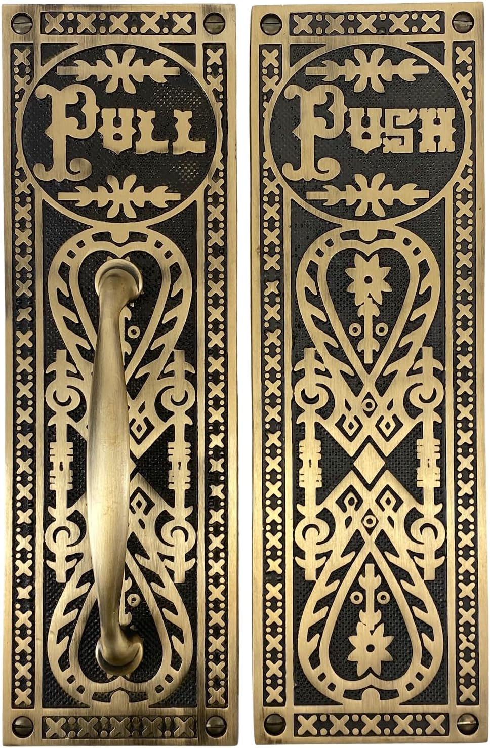 Push and Pull Victorian Door Set with Embossed Brass Design - The Gatsby (Highlighted Bronze)