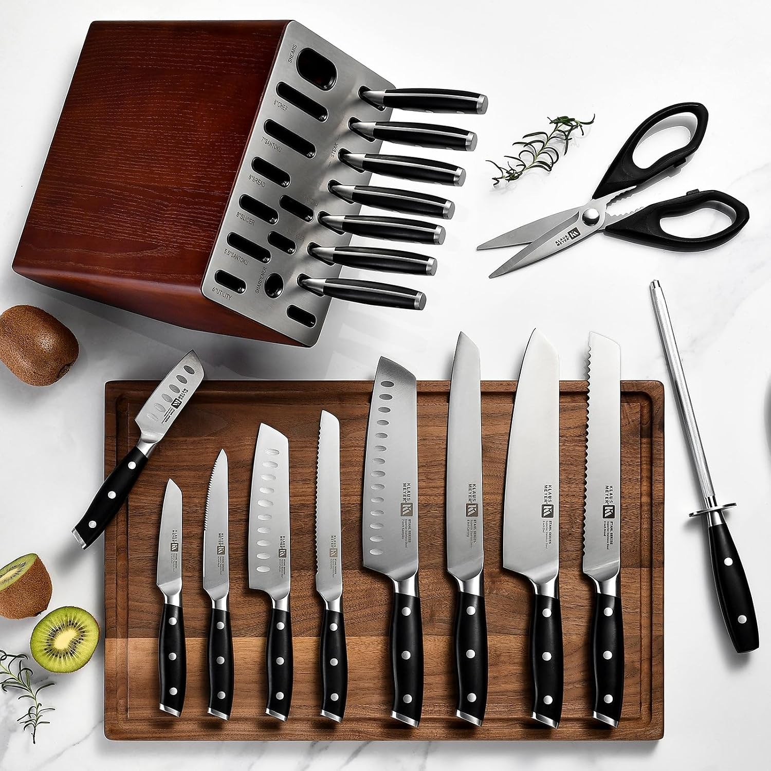 Klaus Meyer 19-Piece Knife Block Set with Sharpener, High Carbon German Stainless Steel (Stahl), Full-Tang Handles, Kitchen Knife Set (Black)