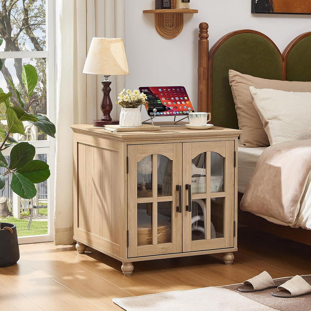 RWYHG Farmhouse End Table with Charging Station,24' Large Sofa Side Table with Glass Barn Door,Rustic Wood Night Stand with Adjustable Storage Shelf,Square Bedside Table for Living Room,Bedroom Office