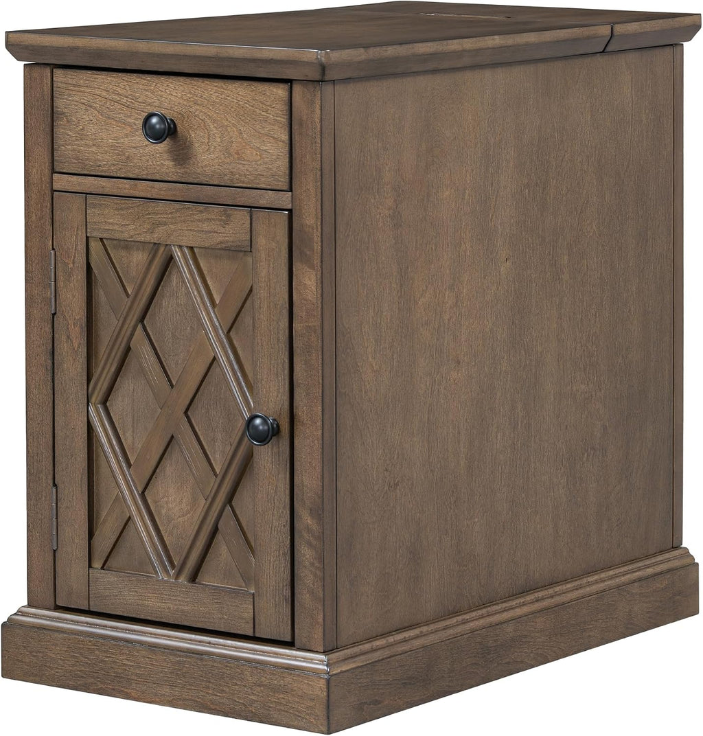Multifunctional Classic Vintage End Table with USB Ports and 1 Drawer with Cup Holders, Sofa Side Narrow Table with Storage, Bedside Nightstand for Living Room Bedroom (Antique Brown-4.3)