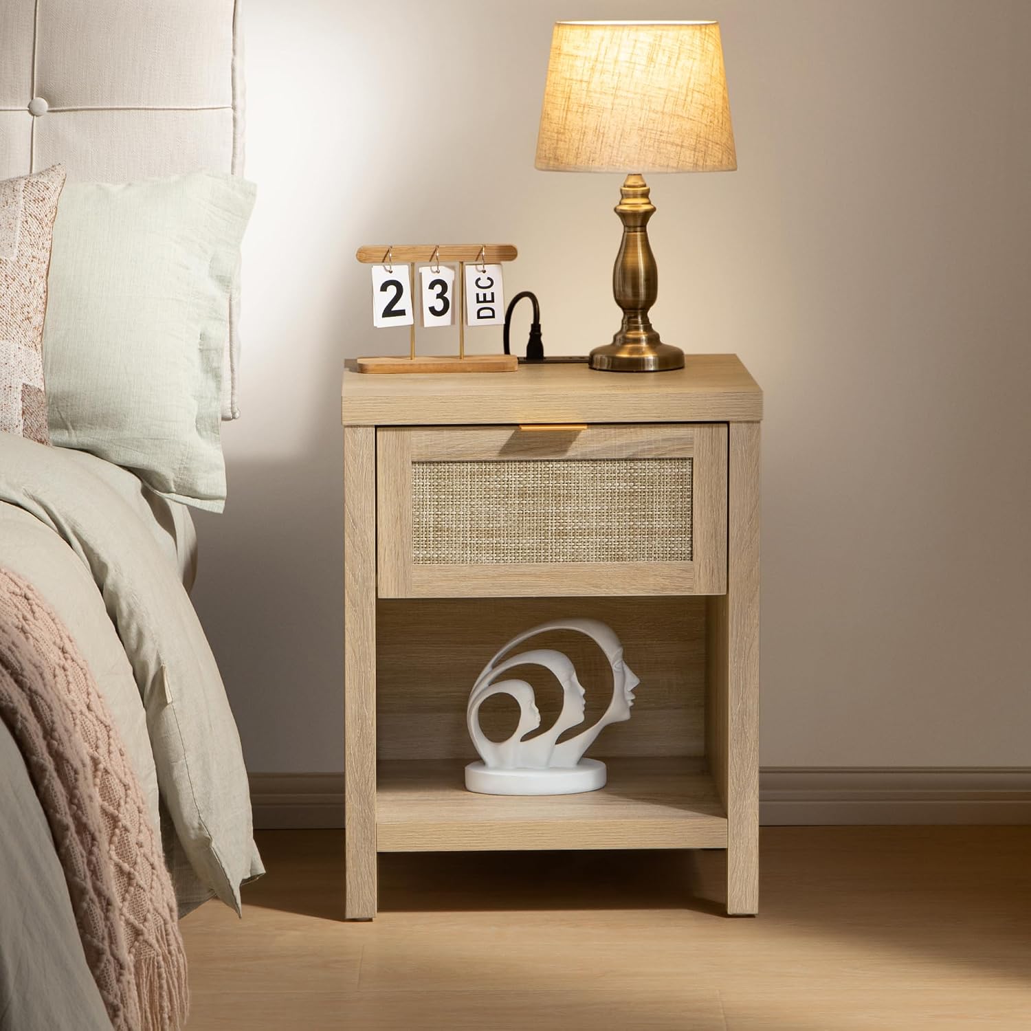 SICOTAS Night Stand with Charging Station - Rattan Nightstand with Type-C and USB Ports, Farmhouse Boho Bed Side Table with Drawer and Open Shelf for Bedroom Small Space, Light Oak