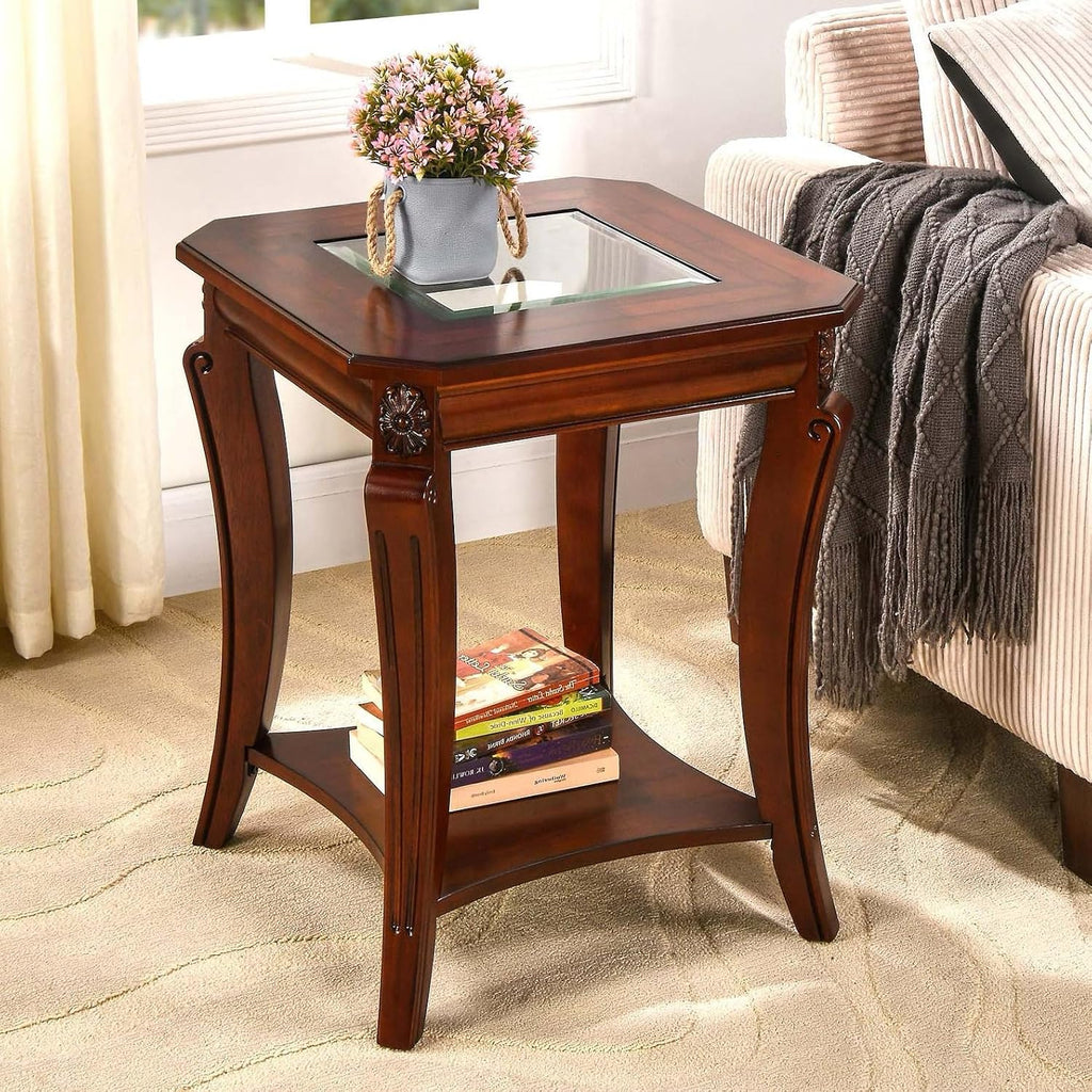 Square End Side Table with Tempered Glass Top, Farmhouse BesideTable with Storage Shelf, Living Room Table with Solid Wood Carved Legs, American Home Table,Easy Assembly,Cherry Brown CJZ-A1168-GT