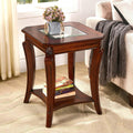 Square End Side Table with Tempered Glass Top, Farmhouse BesideTable with Storage Shelf, Living Room Table with Solid Wood Carved Legs, American Home Table,Easy Assembly,Cherry Brown CJZ-A1168-GT