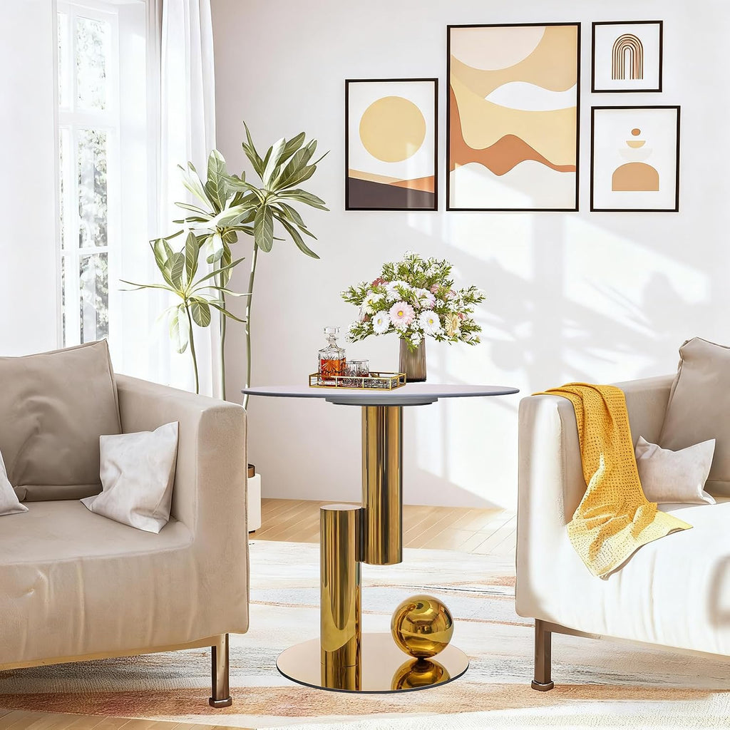 White Gold Round Side Table, 19.7' Faux Marble Sofa End Table, Modern Nightstand, Small Accent Table with Stainless Steel Ball/Cylindrical Frame, for Living Bedroom Office (Gold, 50cm/19.7')