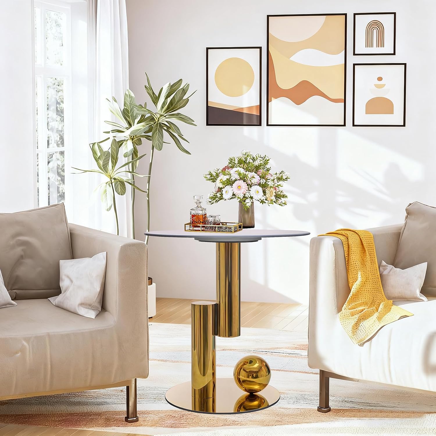 White Gold Round Side Table, 19.7' Faux Marble Sofa End Table, Modern Nightstand, Small Accent Table with Stainless Steel Ball/Cylindrical Frame, for Living Bedroom Office (Gold, 50cm/19.7')