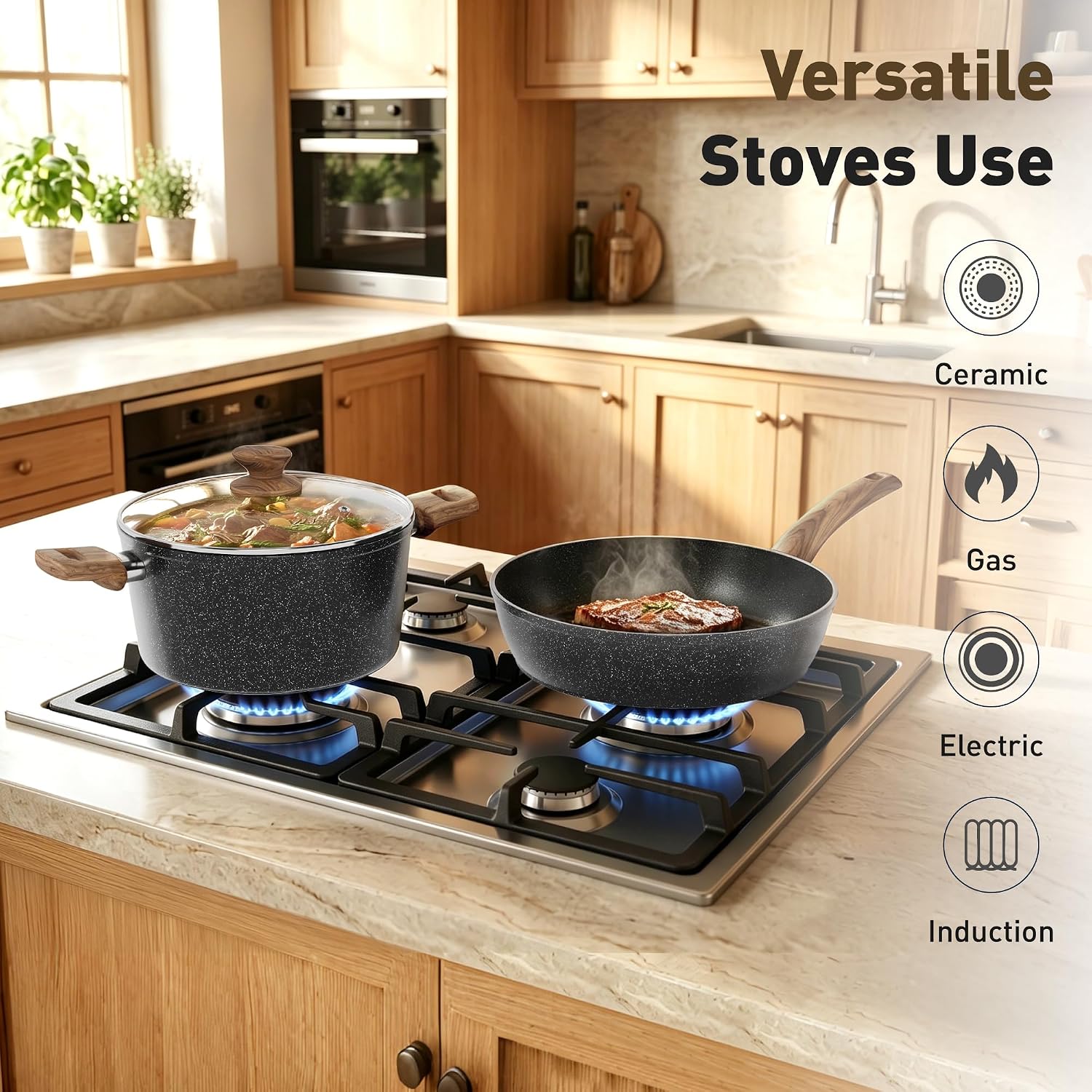 MAISON ARTS 30 Piece Pots and Pans Set Non Stick, Kitchen Cookware & Bakeware Sets with Nonstick Granite Coating, Baking Tray, Frying Pan and Saucepan, Black