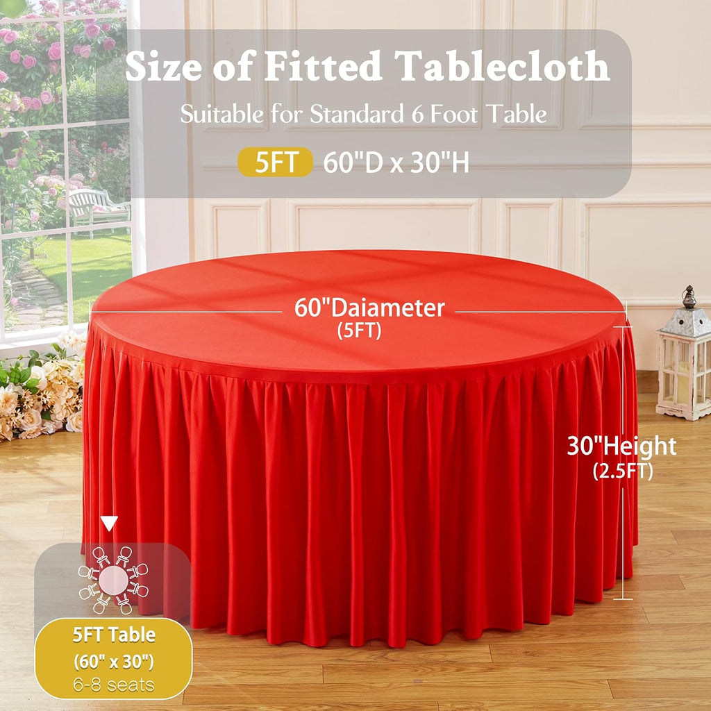6 Pack Red Round Tablecloth 60 inch Stretch Spandex Fitted Table Cloth 5FT Round Banquet Tablecloths Wrinkle Free Table Cover Stitch Circle Tablecloth with Ruffle Skirt for Party Wedding Birthday