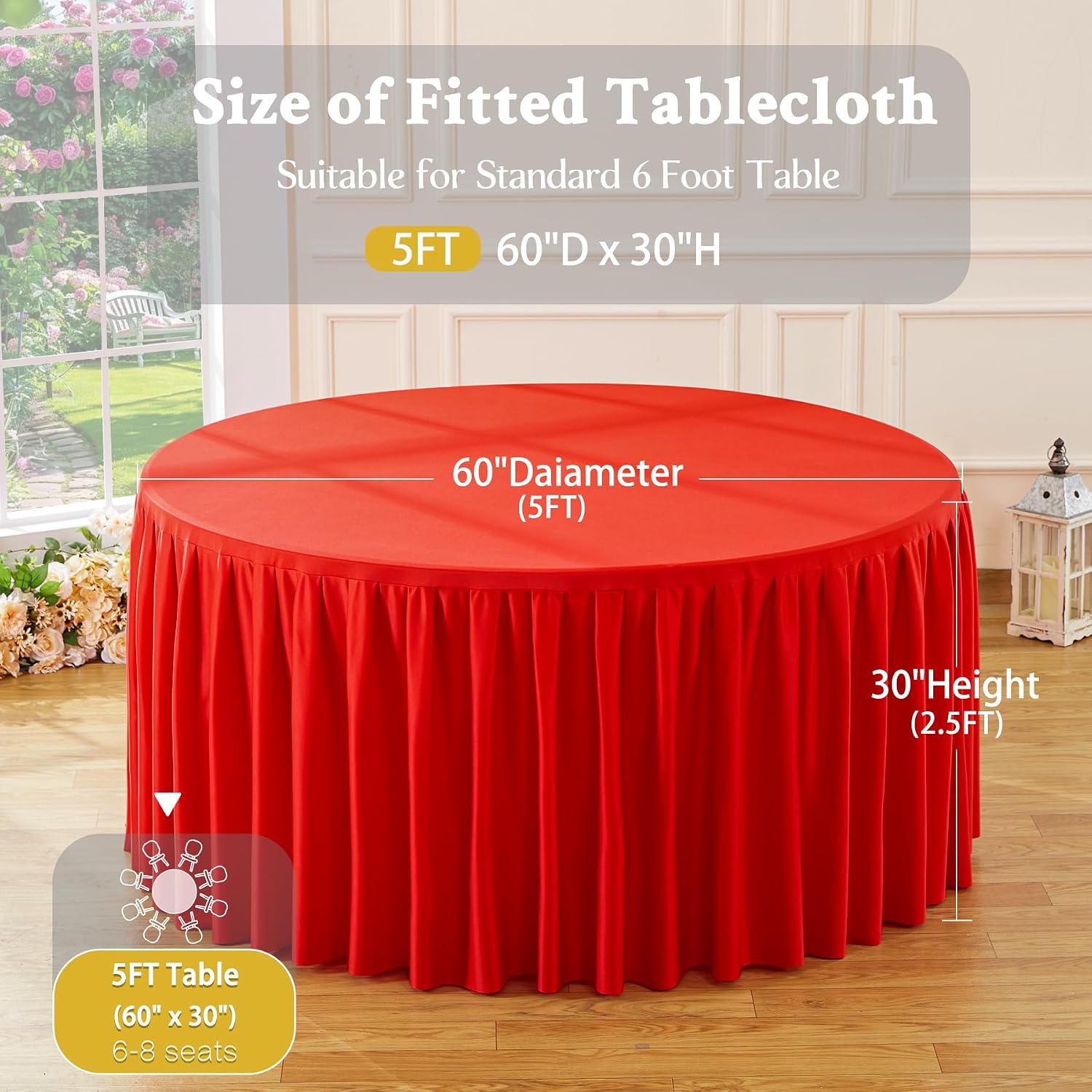 6 Pack Red Round Tablecloth 60 inch Stretch Spandex Fitted Table Cloth 5FT Round Banquet Tablecloths Wrinkle Free Table Cover Stitch Circle Tablecloth with Ruffle Skirt for Party Wedding Birthday