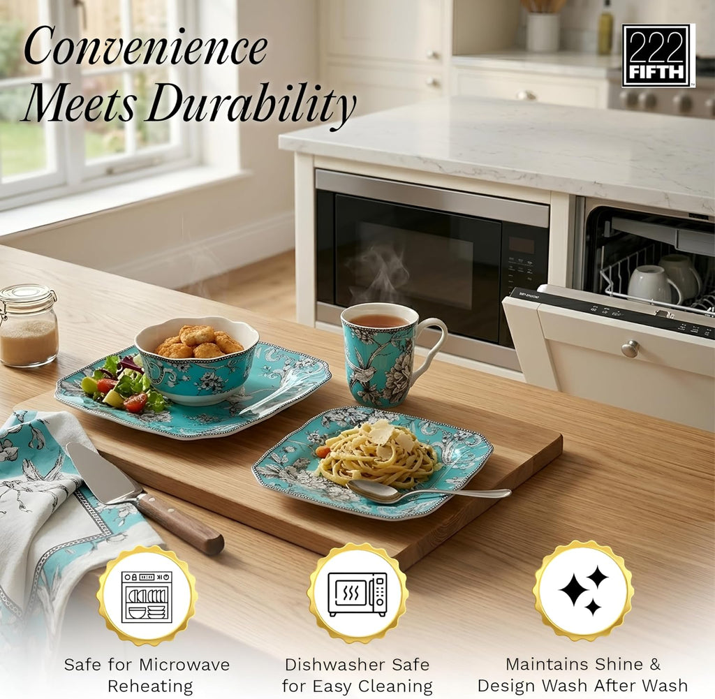 222 Fifth Adelaide Turquoise 16-Piece Porcelain Dinnerware Set | Microwave and Dishwasher Safe Dining Set for 4 | Stackable and Chip-Resistant Plates Bowls and Cups | Gift for Housewarming & Wedding