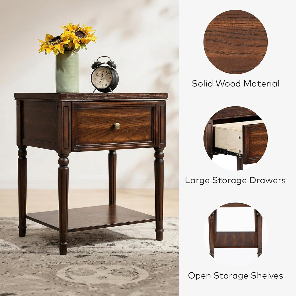 Chogori Solid Wood End Table with Drawer, 2PCS Sofa Side Table with Storage Shelves, Real Wood Beside Table Accent Table Nightstand for Small Spaces, Living Room, Easy Assembly (Walnut)
