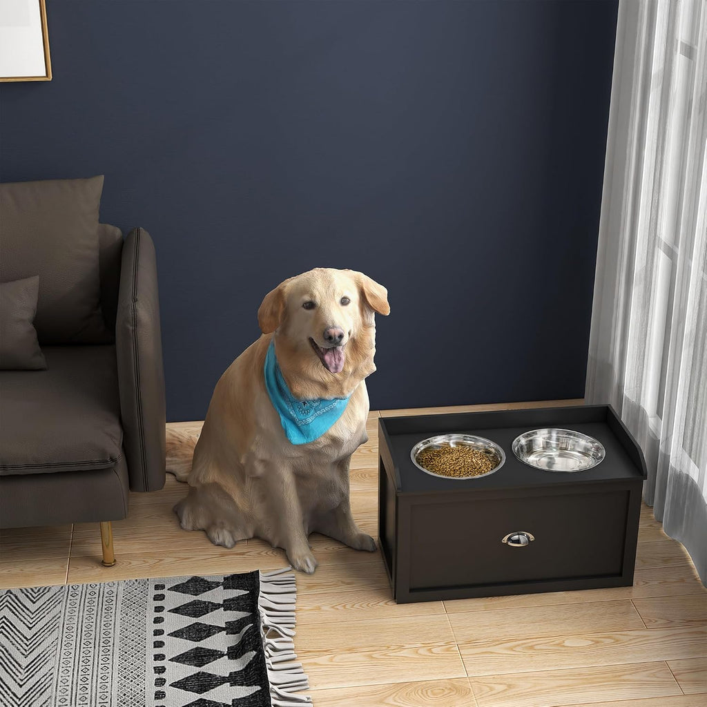 Dog Feeding Station with Storage Drawer, Dog Food Storage Cabinet with 2 Removable Elevated Dog Bowls for Large Sized Dogs, Black