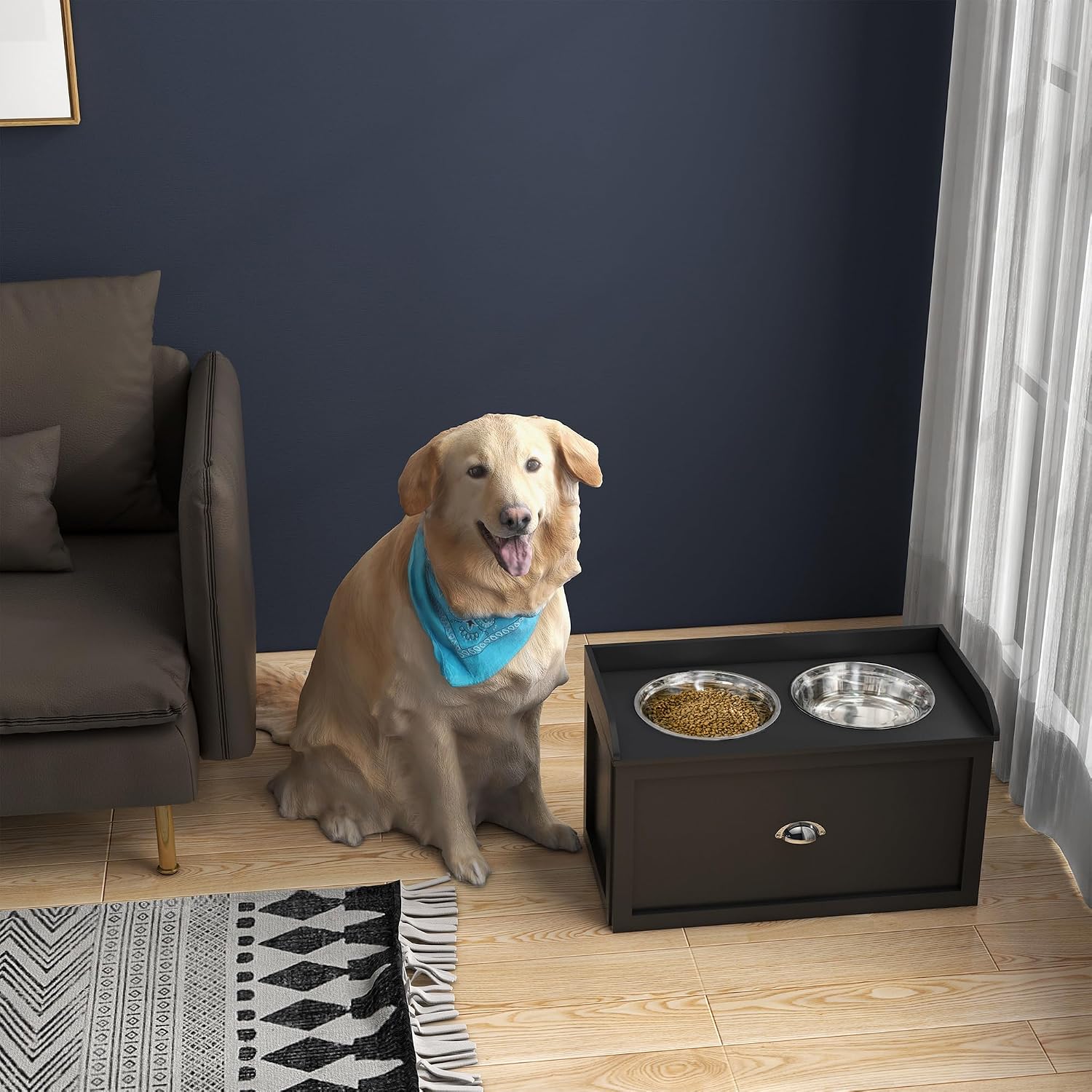 Dog Feeding Station with Storage Drawer, Dog Food Storage Cabinet with 2 Removable Elevated Dog Bowls for Large Sized Dogs, Black
