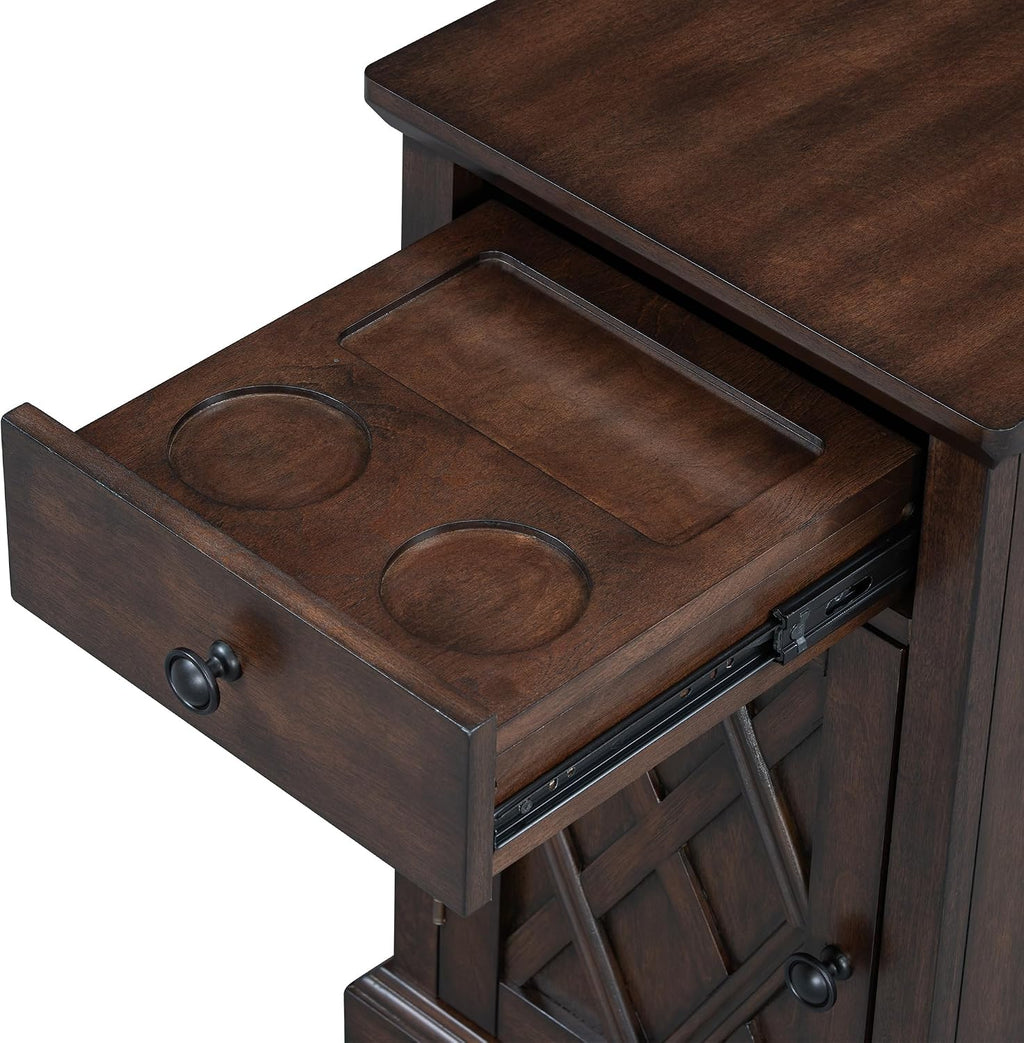 Multifunctional Classic Vintage End Table with USB Ports and 1 Drawer with Cup Holders, Sofa Side Narrow Table with Storage, Bedside Nightstand for Living Room Bedroom (Antique Espresso-4.3)