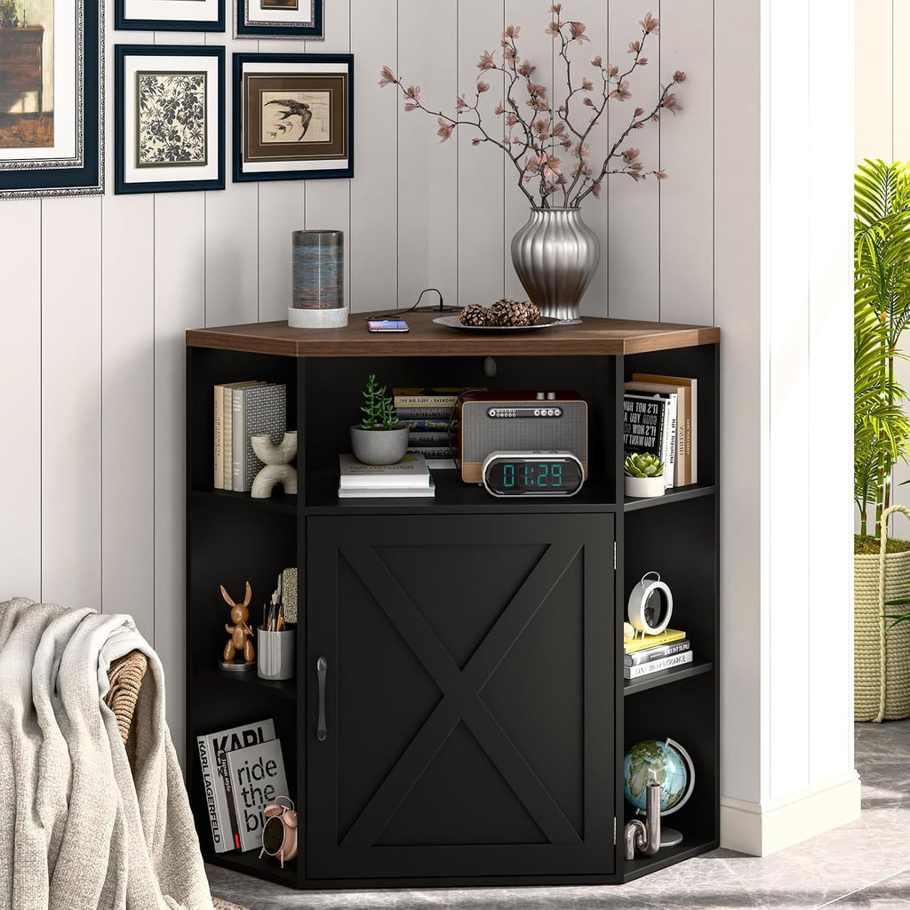 Halitaa Corner Storage Cabinet, Farmhouse Corner Bookshelf with Storage 6-Cubby Wooden Cabinet with USB Ports and Outlets Industrial Organizer for Small Space, Study, Playroom, Black and Brown
