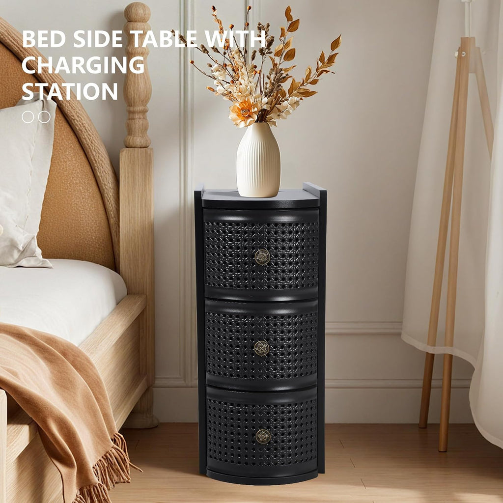 Metal Rattan Narrow End Table with Charging Station, Black Side Table with Drawers Storage, Small Night Stand with Power Outlets and USB Ports for Living Room