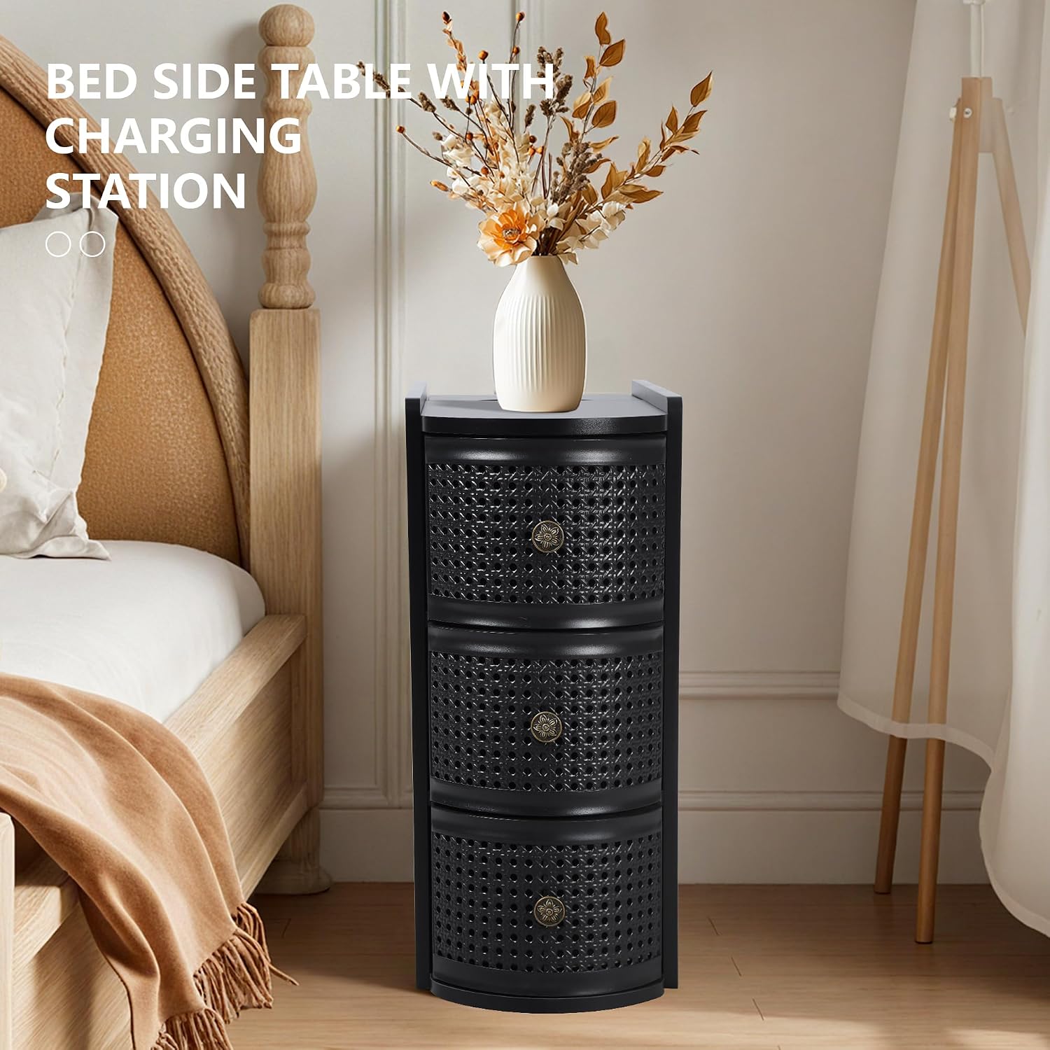 Metal Rattan Narrow End Table with Charging Station, Black Side Table with Drawers Storage, Small Night Stand with Power Outlets and USB Ports for Living Room