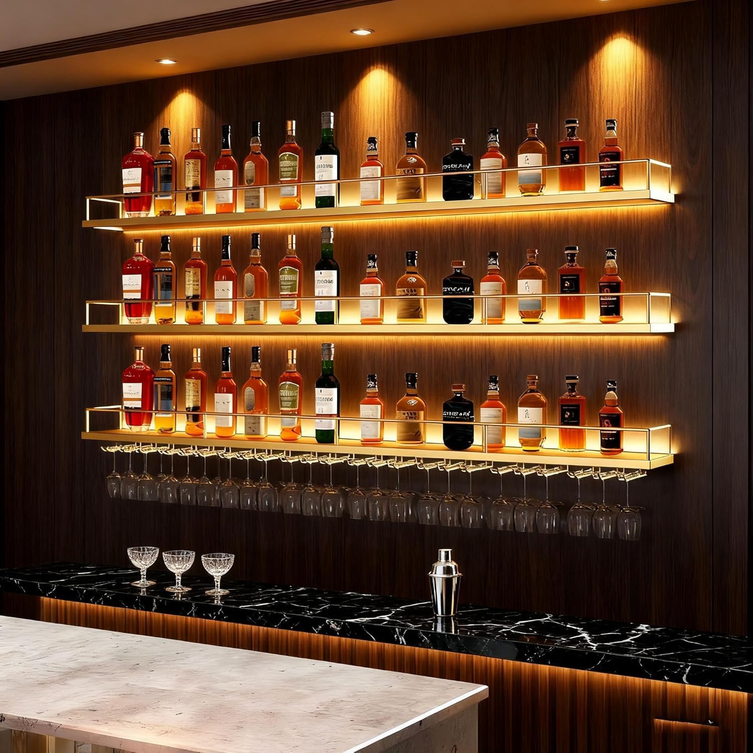 Metal Wall Mounted Wine Rack with LED Light, 3 Tiers Liquor Bottles Floating Shelves with Glass Holder, Wine Shelf Industrial Bar Shelves for Home Bar Dining (Gold, 120cm/47.2in)