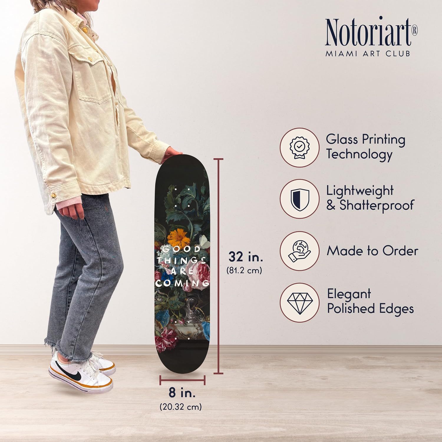 Modern Typography Acrylic Wall Art Die-Cut Easy-to-Hang, 1 Panel 8' x 32', Good Things Skateboard
