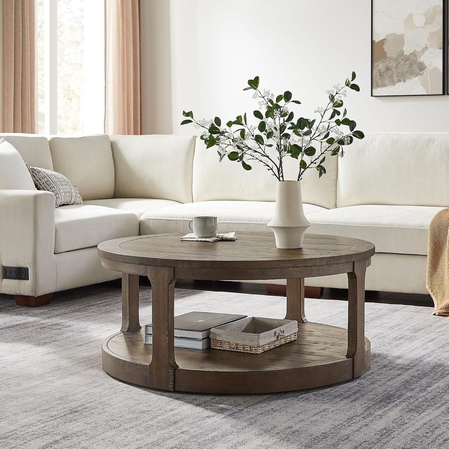 40' Round Coffee Table for Living Room, Circle Coffee Table with Storage Shelf, 2-Tier Wooden Center Tables, Mid Century Farmhouse End Table for Office Apartment Bedroom Home Furniture, Brown