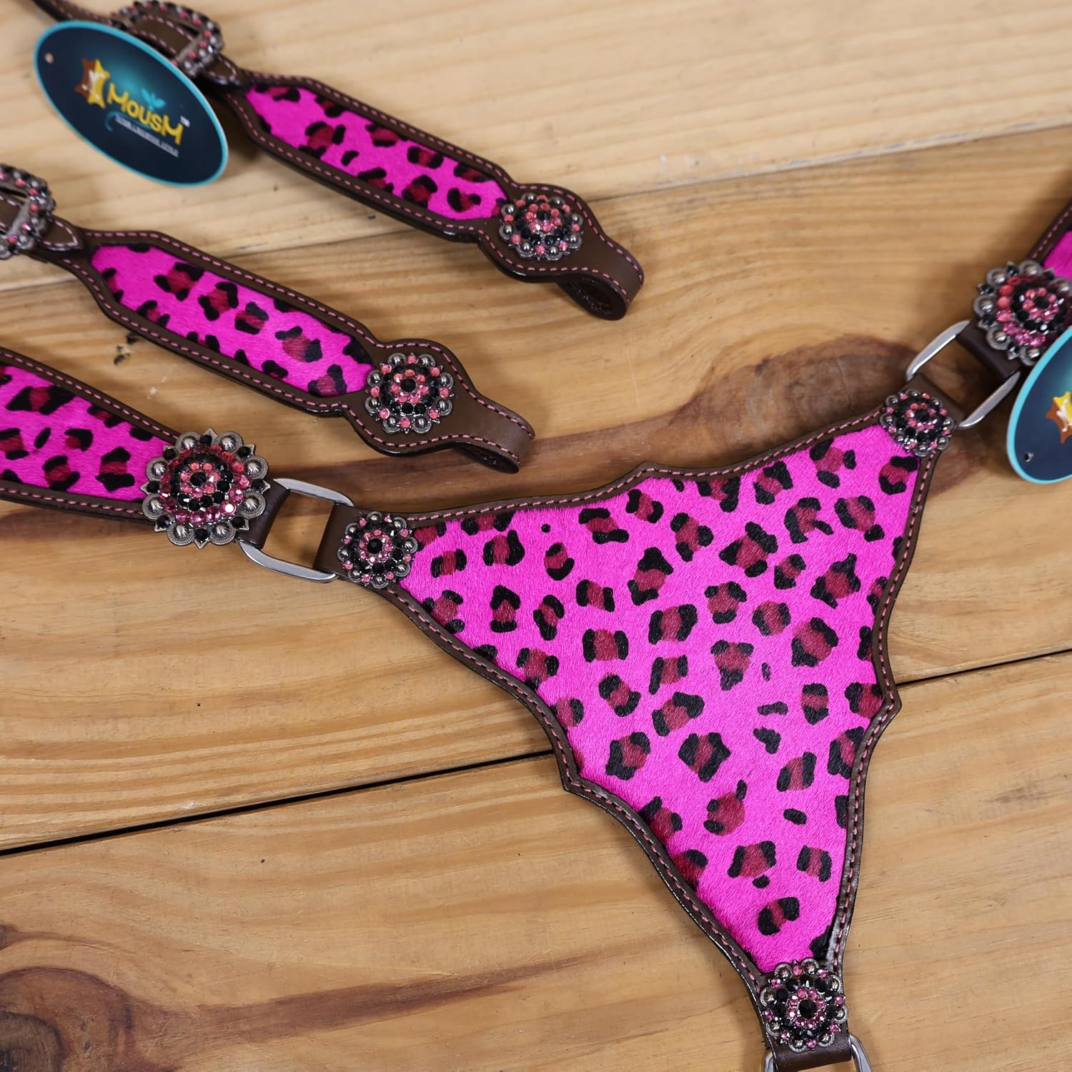 Cheetah Headstall & Breast Collar Tack Set – Gladiator Style with Leopard Print on Leather | Genuine Argentine Cow Leather | Antique Nickel Hardware & Copper Rivet Buckles