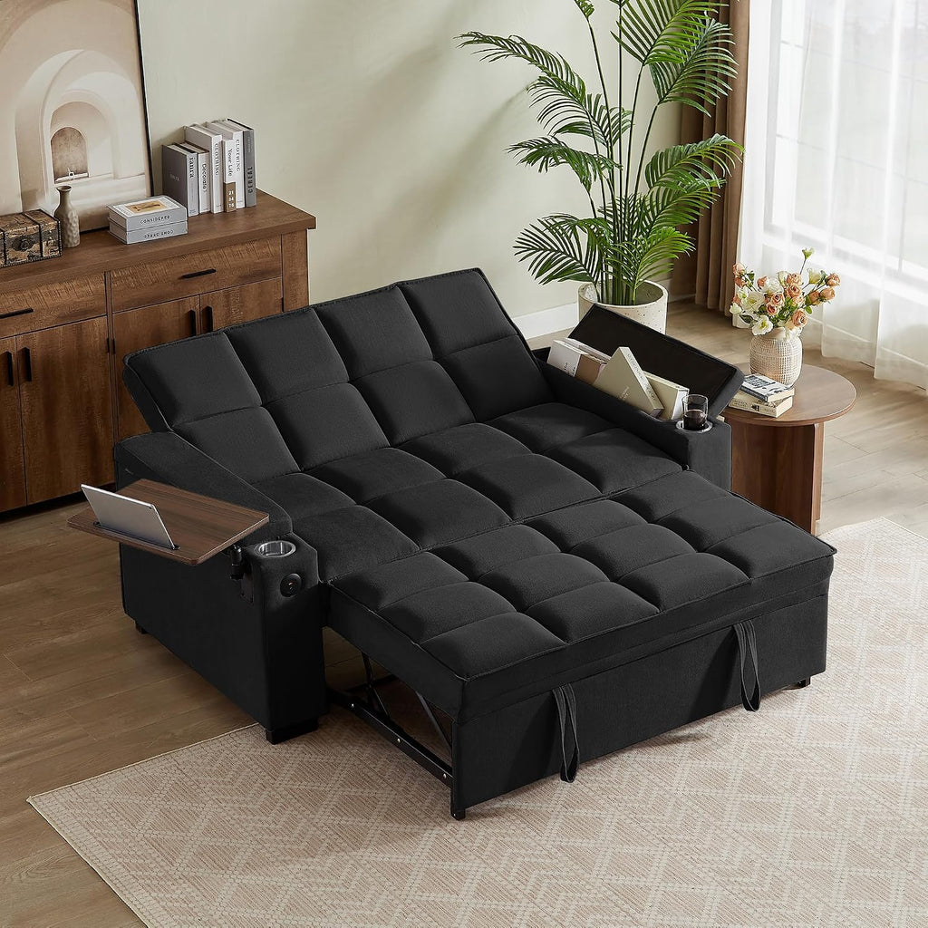 Auvsoce 65'' Chaise Lounge Chair Indoor, 3-in-1 Convertible Sofa Bed with Pull Out Design, 360° Swivel Side Table, Modern Chenille Couch Bed for Living Room