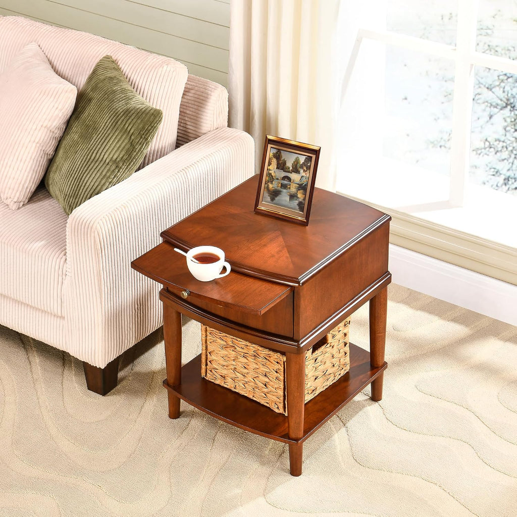 2 Tier Solid Wood Square End Table with Drawer, Wooden Sofa Side Table with Pull-Out Tray & Lower Shelf, Nightstand Bedside Table for Living Room Bedroom, 19.7x17.7x22.8in