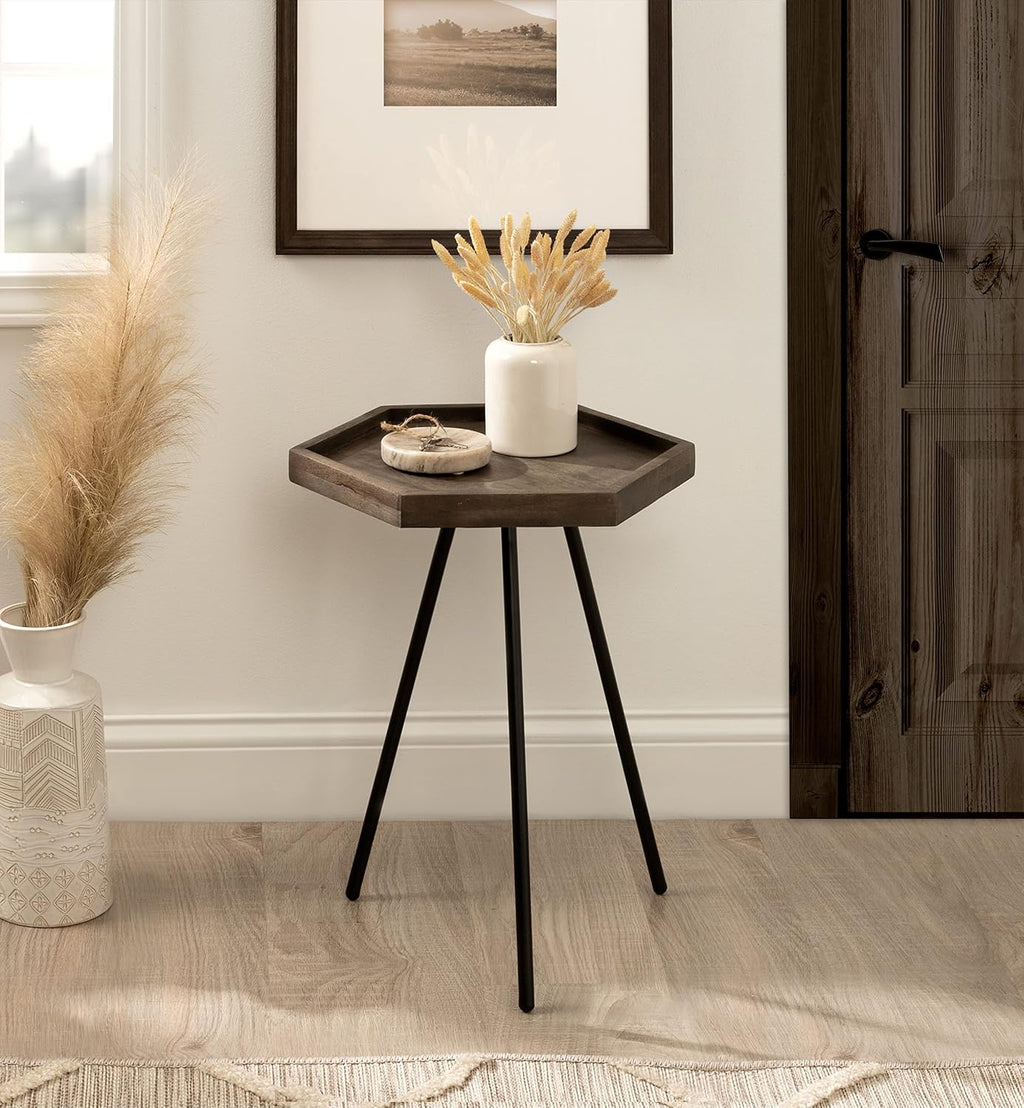 Kate and Laurel Kashvi Modern Side Table; 17 x 15 x 20; Graywash; Decorative Farmhouse Hexagon Bedroom Nightstand Table for Storage and Display