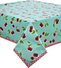 Cherry Aqua Oilcloth Tablecloth with Red Gingham Trim 60x120