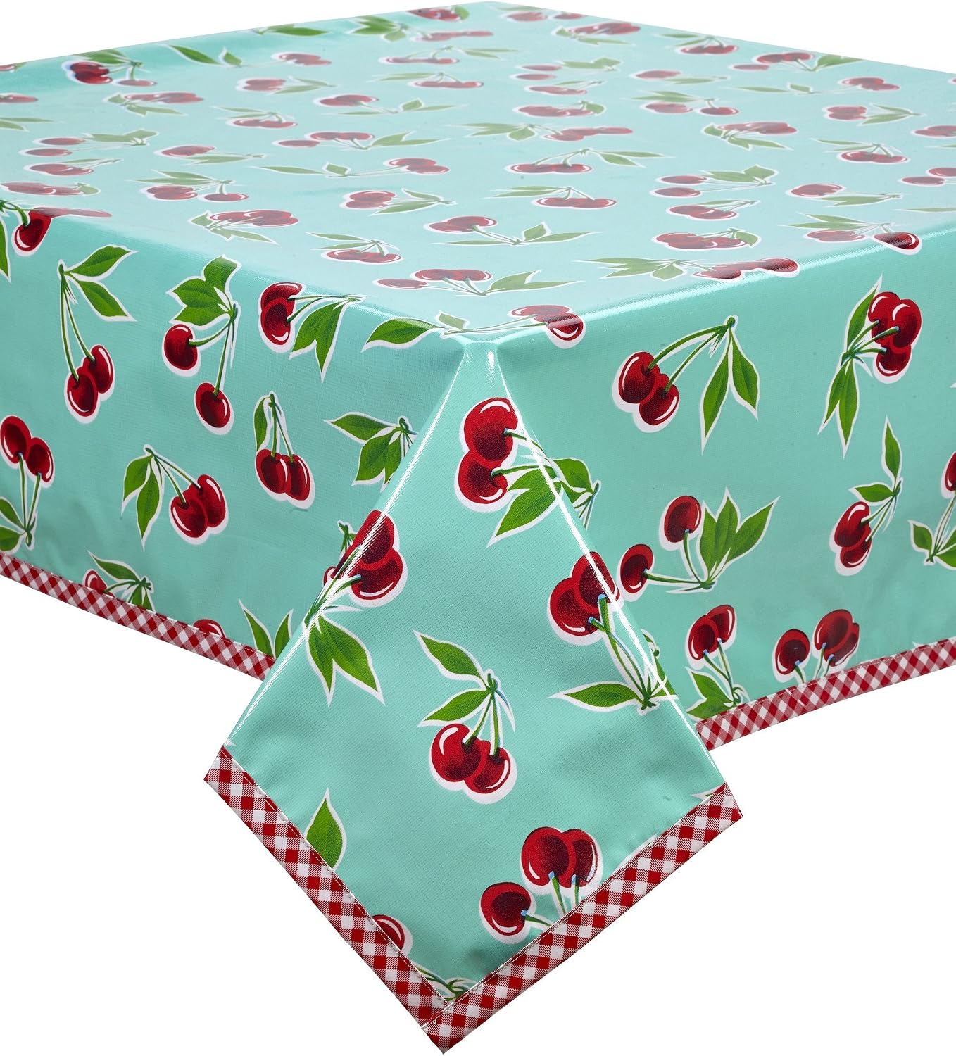 Cherry Aqua Oilcloth Tablecloth with Red Gingham Trim 60x120