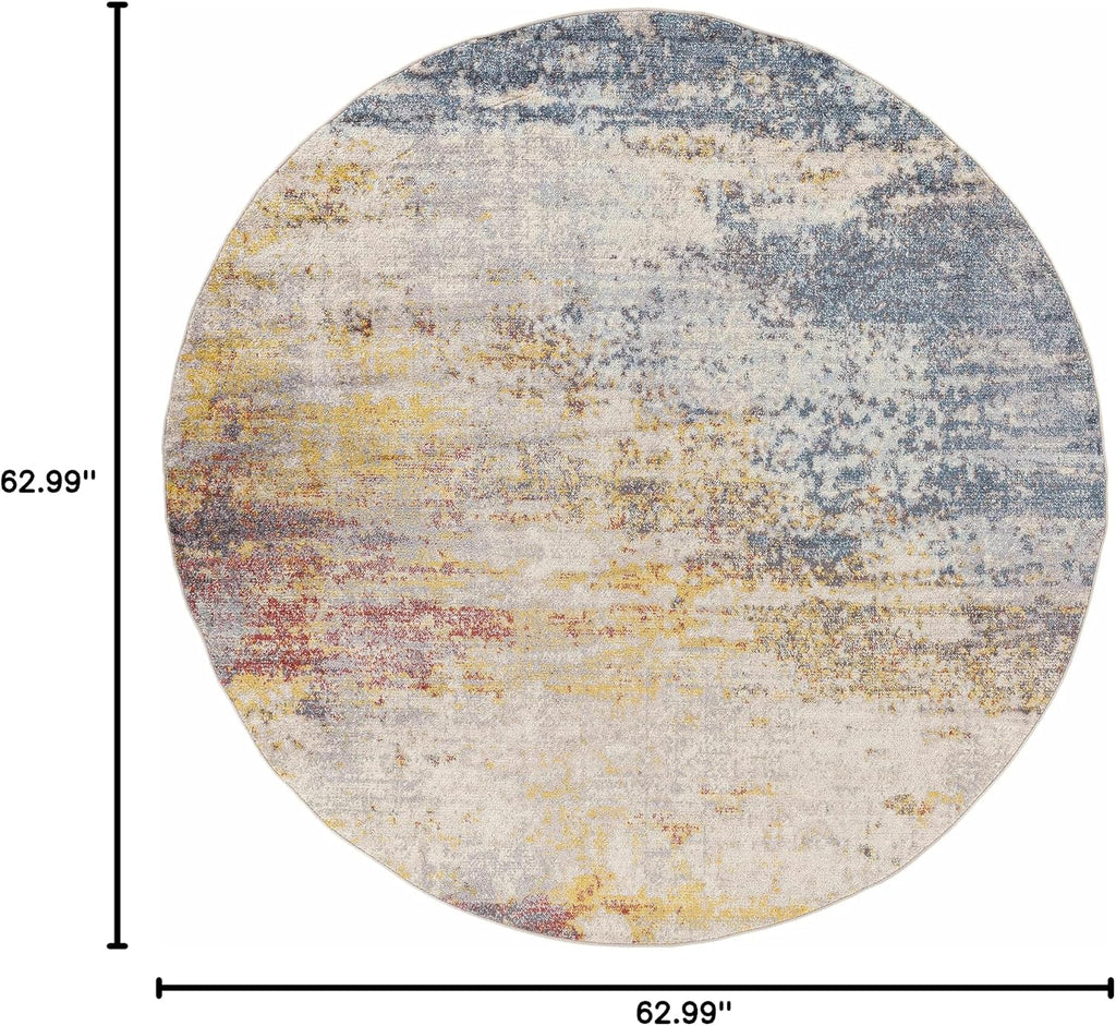 BoutiqueRugs Light Gray Abstract 5ft Round Area Rug Contemporary Mustard Ice Blue Navy Alexandra Living Room Bedroom Dining Room Home Office Apartment 5'3' Round Stain Resistant Non-Shedding