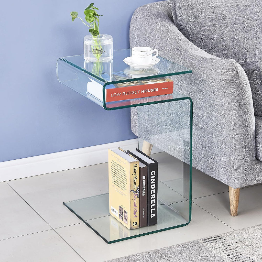 Glass Nightstand End Table, Clear S-Shaped Bedside Side Tables for Living Room, Sofa Bent Glass Table 16.55' D x 14.56' W x 24' H