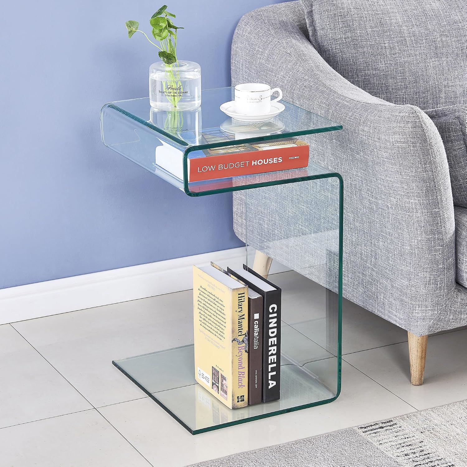 Glass Nightstand End Table, Clear S-Shaped Bedside Side Tables for Living Room, Sofa Bent Glass Table 16.55' D x 14.56' W x 24' H