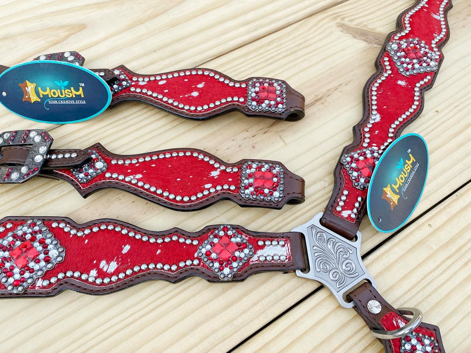 Western Leather Headstall & Breast Collar Set for Horses - Valentine's Day Silver Metallic Cowhide with Rhinestones