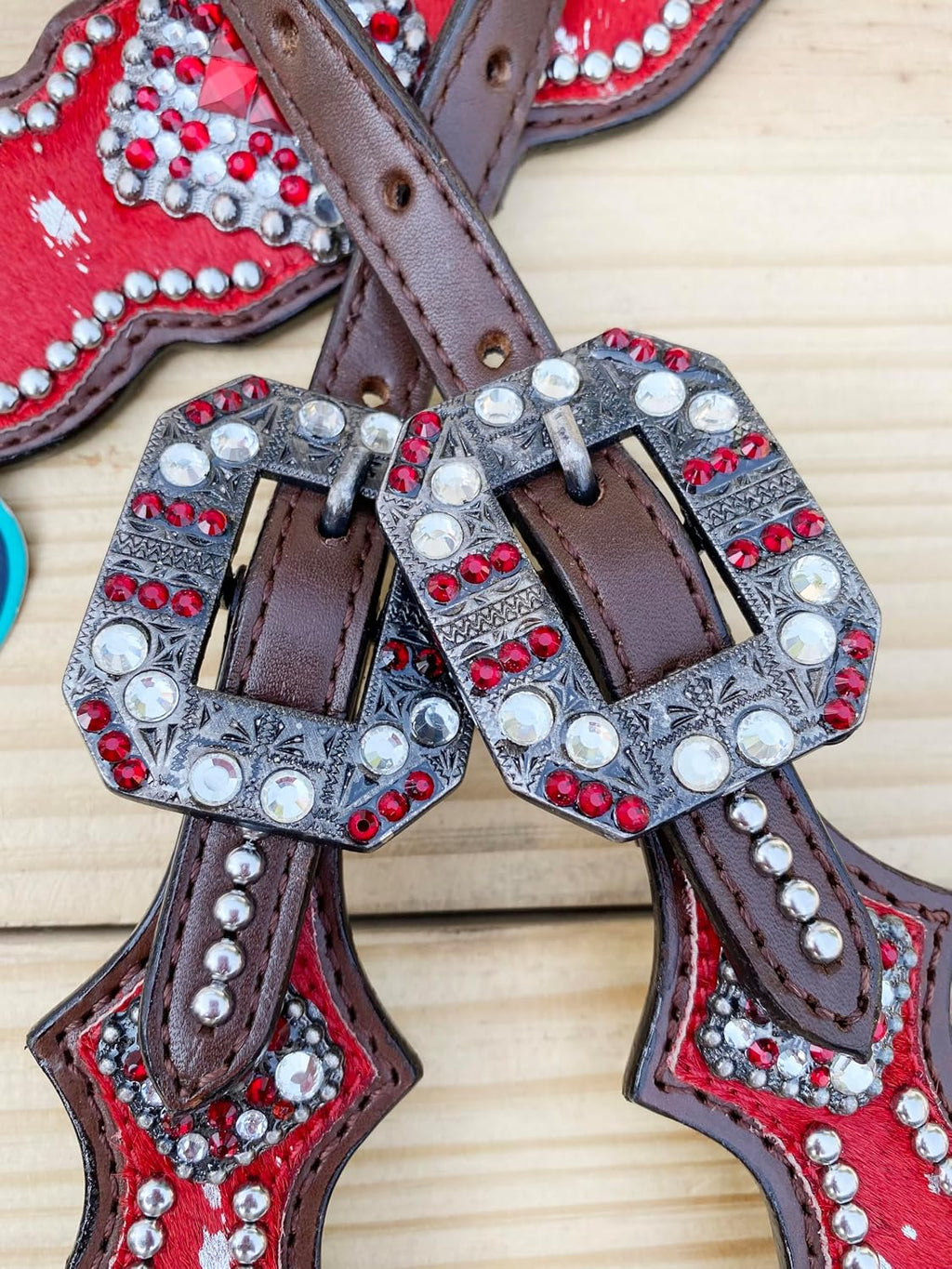 Western Leather Headstall & Breast Collar Set for Horses - Valentine's Day Silver Metallic Cowhide with Rhinestones