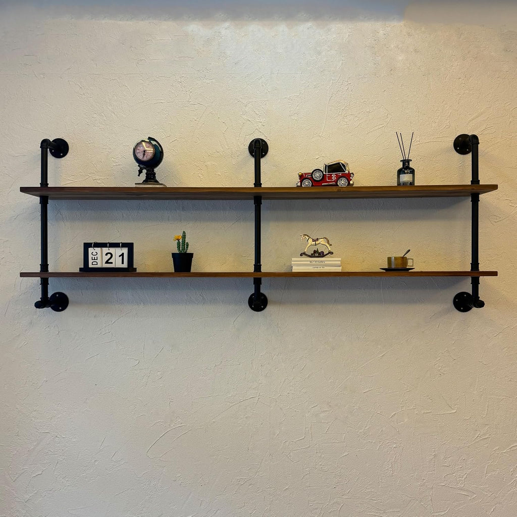 Industrial Pipe Wall Shelves Pipe Shelving with Real Wood Plank ,70 Inches Floating Shelves for Wall Farmhouse Pipe Book Shelves Dark Brown 2 Tier for Kitchen,Living Room Decor and Bar Shelving