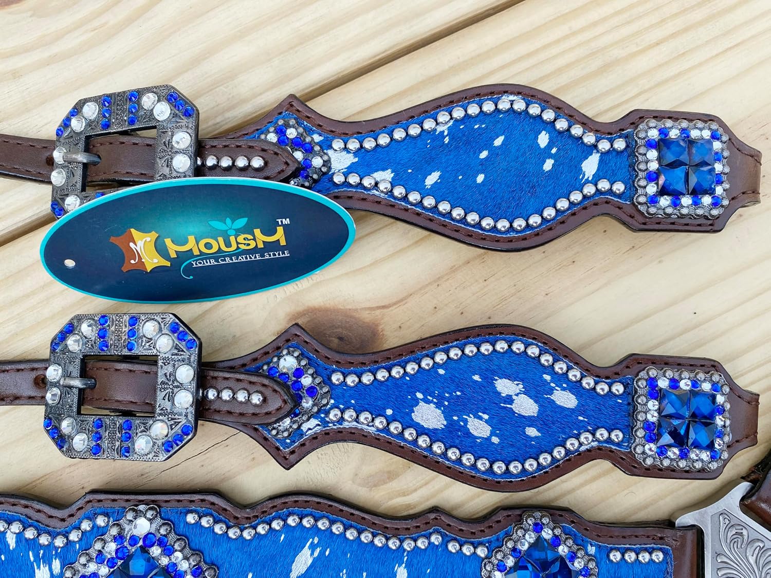 Western Leather Headstall & Breast Collar Set for Horses - Valentine's Day Silver Metallic Cowhide with Rhinestones