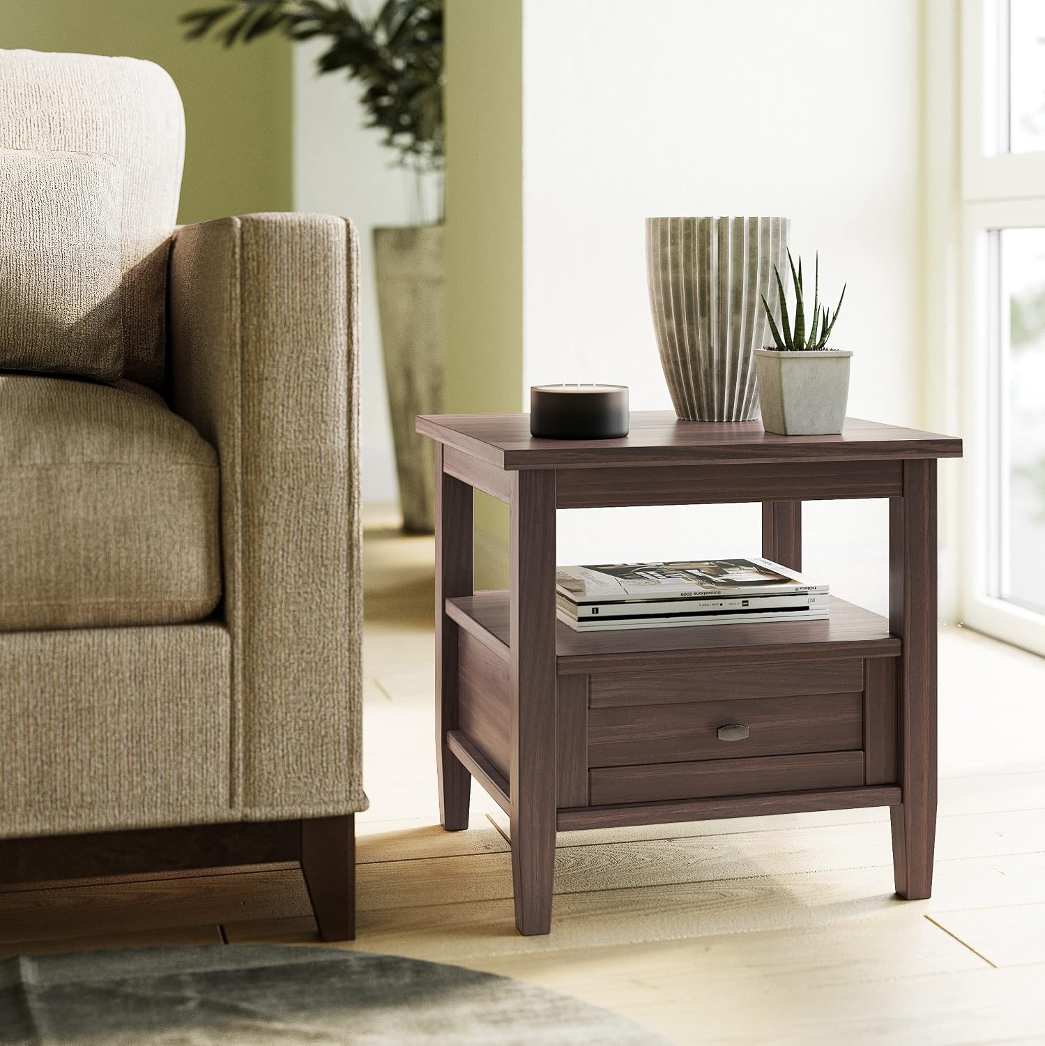SIMPLIHOME Warm Shaker End Table - 20' Wide x 20' High Solid Wood Side Table in Warm Walnut Brown, Transitional Accent Table for Living Room or Bedroom with Drawer, Open Shelf and Square Tapered Legs
