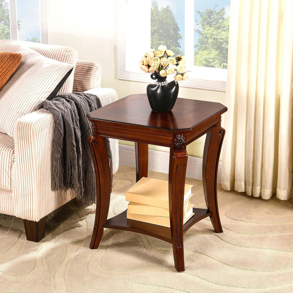 PADMA HOUSE Solid Wood Small End Table with Storage Shelf, Vintage Square Sofa Side Table with Splicing Tabletop and Curved Legs, 2-Tier Bedside Tables Nightstand in Cherry,19.7' Dx23.8 H