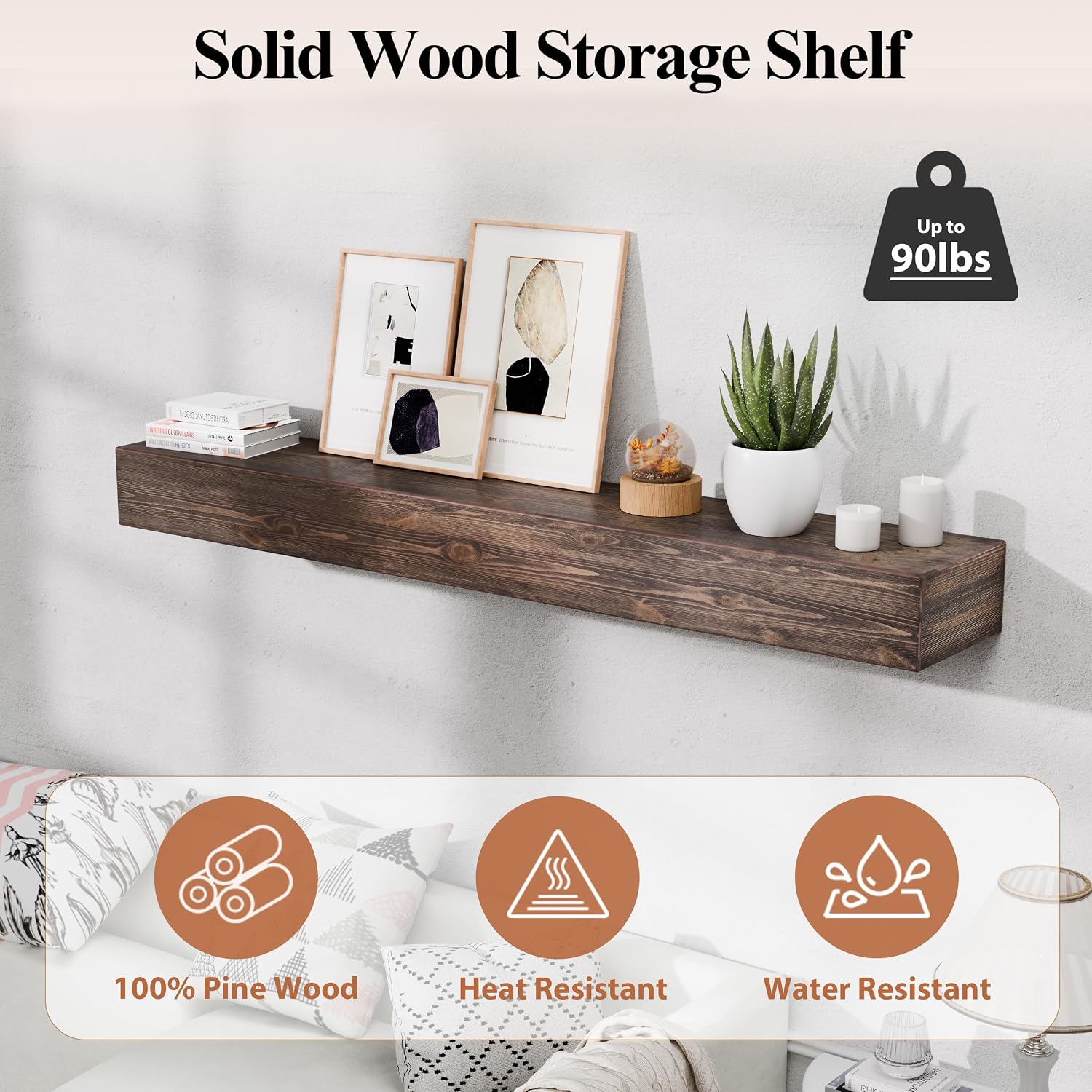 60 Inch Fireplace Mantel Shelf - 8' Deep Solid Wood Floating Mantel for Over Fireplace - 90LBS with Invisible Bracket - Handcrafted TV Decor for Livingroom & Bedroom - Charred Rustic Brown