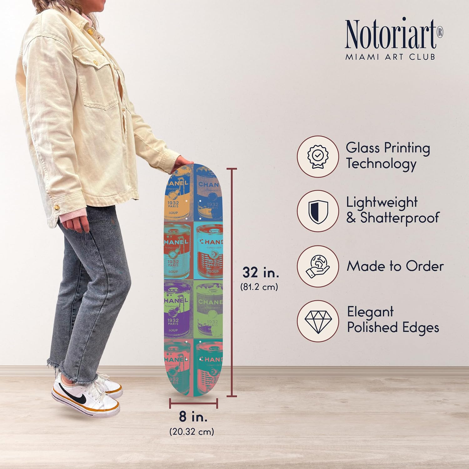 Trendy Pop Acrylic Wall Art Die-Cut Easy-to-Hang, 1 Panel 8' x 32', Glam Soup Pop Art Skateboard