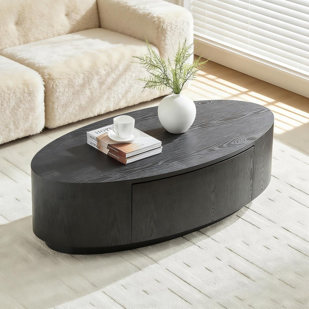 Wooden Oval Coffee Table with Storage Drawer, 47.24' Mid Century Modern Coffee Table, Unique Center Table Accent Sofa Side End Tea Table for Living Room Apartment, Black