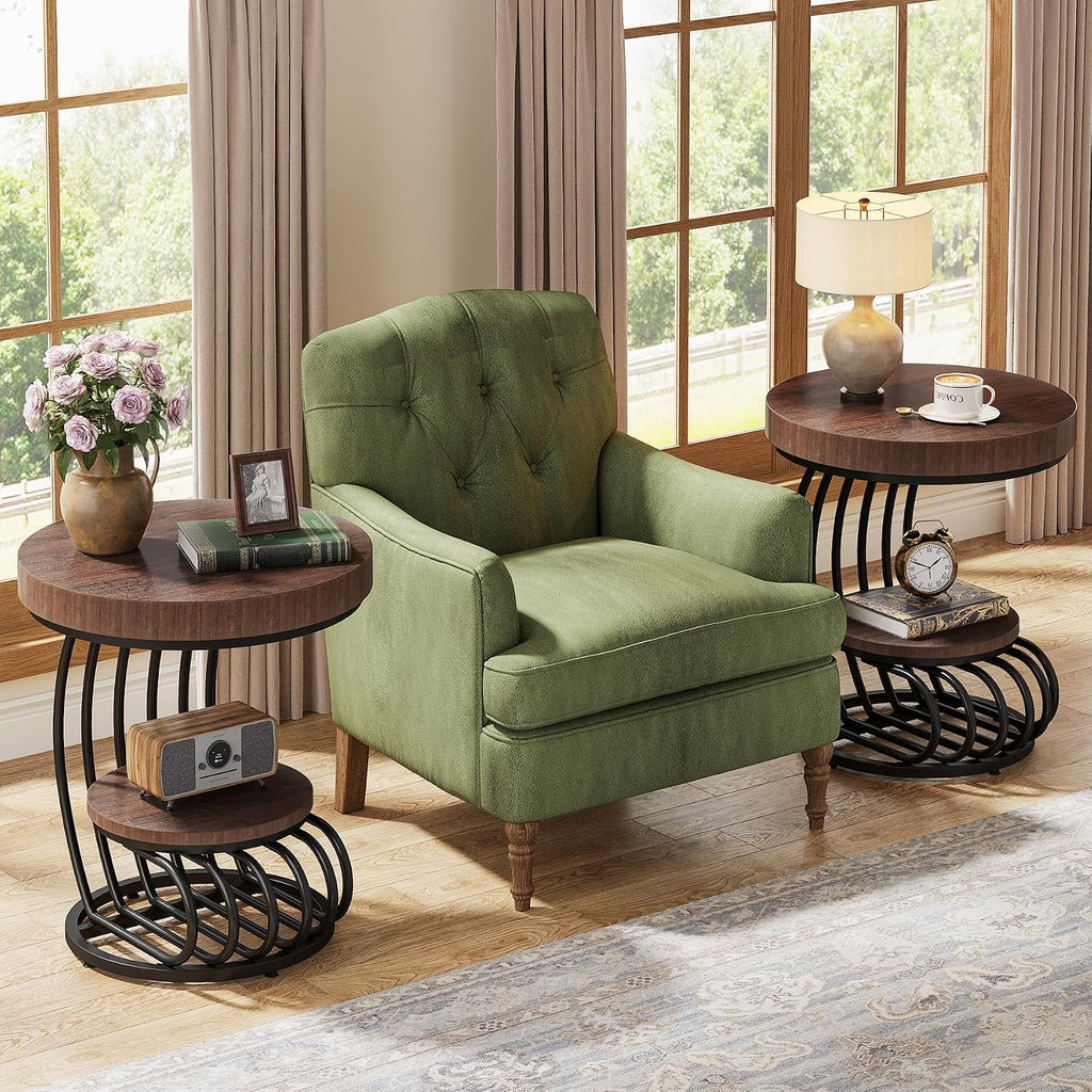 Tribesigns Round End Table, 2-Tier Farmhose Wood Side Table with Shelf Storage, Small Sofa Side Bedside Nightstand, Arc-Shaped Frame Accent Furniture for Living Room, Rustic Brown