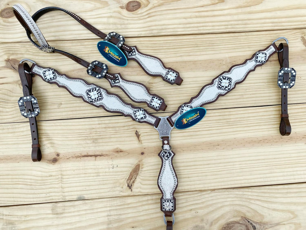 Western Leather Headstall & Breast Collar Set for Horses - Valentine's Day Silver Metallic Cowhide with Rhinestones