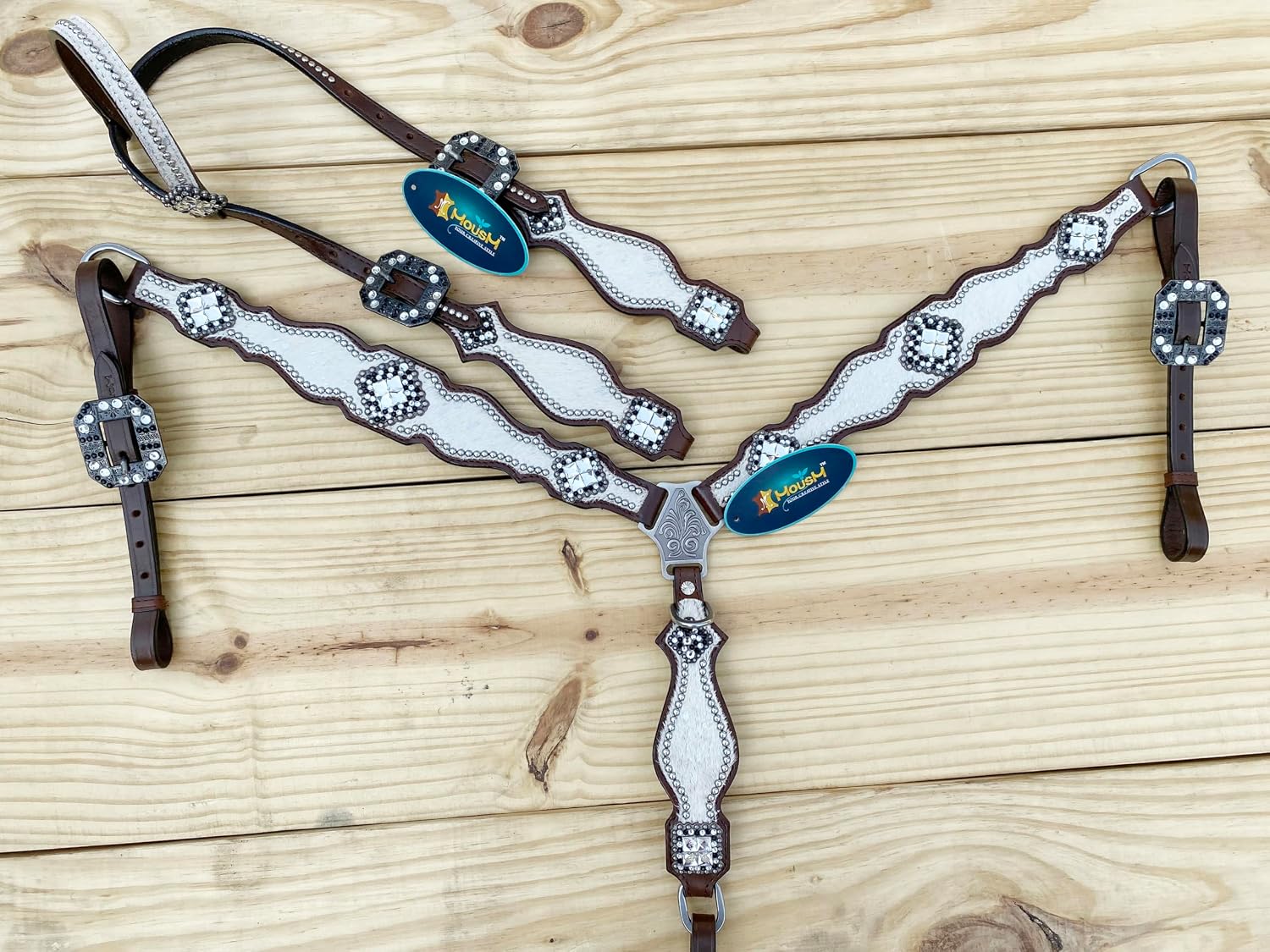 Western Leather Headstall & Breast Collar Set for Horses - Valentine's Day Silver Metallic Cowhide with Rhinestones