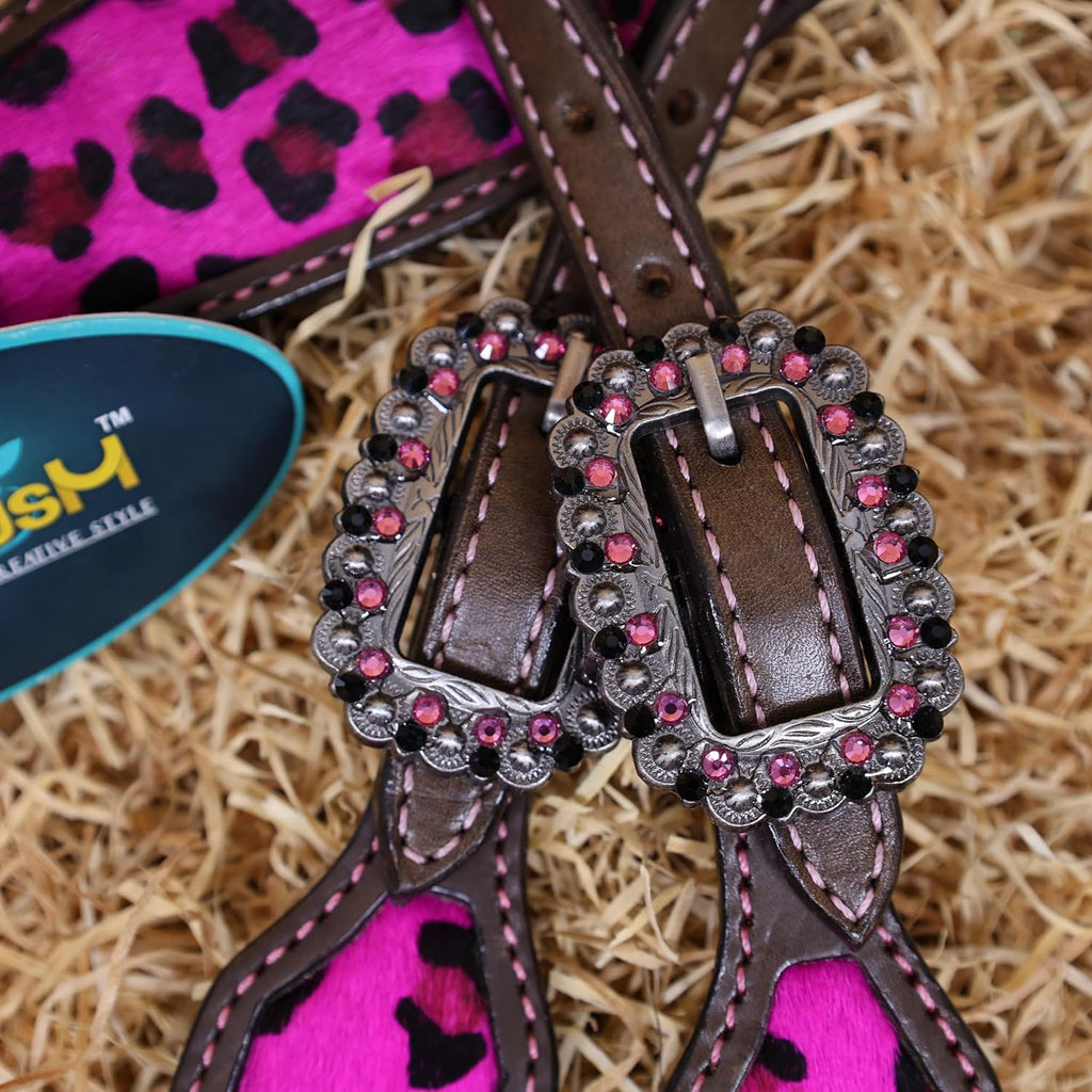 Cheetah Headstall & Breast Collar Tack Set – Gladiator Style with Leopard Print on Leather | Genuine Argentine Cow Leather | Antique Nickel Hardware & Copper Rivet Buckles