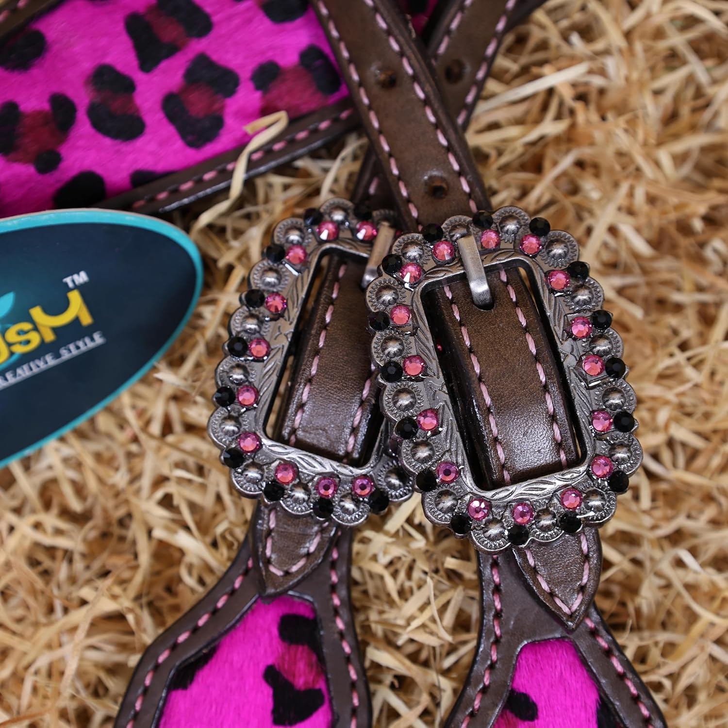 Cheetah Headstall & Breast Collar Tack Set – Gladiator Style with Leopard Print on Leather | Genuine Argentine Cow Leather | Antique Nickel Hardware & Copper Rivet Buckles